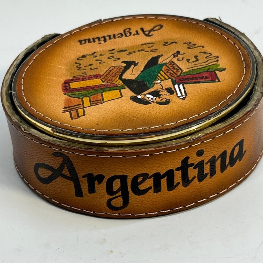 Argentina Souvenir Round Coaster Set Faux Leather Case Tango Design Brown - Picture 3 of 4